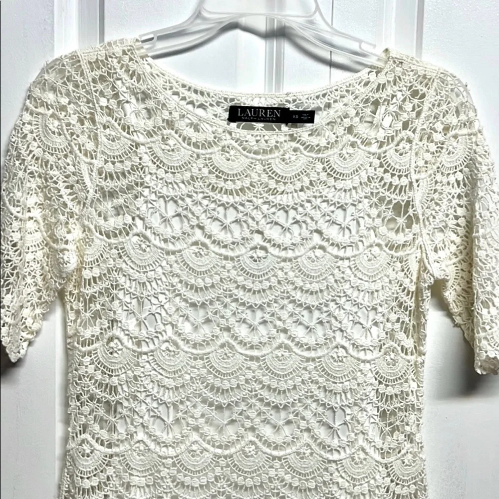Ralph Lauren Black Label Cream Short Sleeve Cotton Crocheted MIDI Dress Size XS
